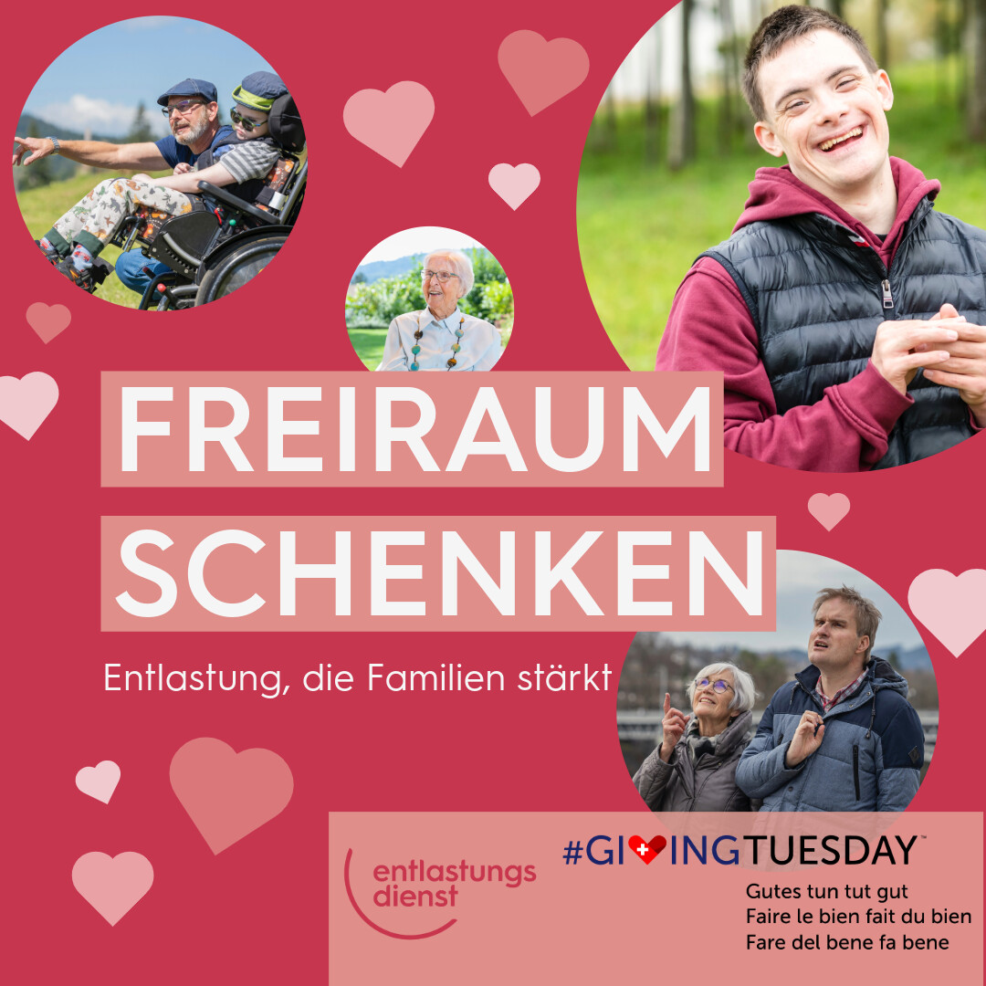 Auf einem roten Hintergrund ist der Schriftzug "Freiraum schenken: Entlastung, die Familien stärkt" zu lesen. rundherum sind drei runde Fotos von Menschen in Betreuungssituationen ersichtlich.